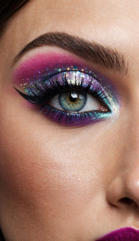 A close-up of a vibrant eye with iridescent fairy dust and bold glitter makeup, creating a stunning and magical prom look