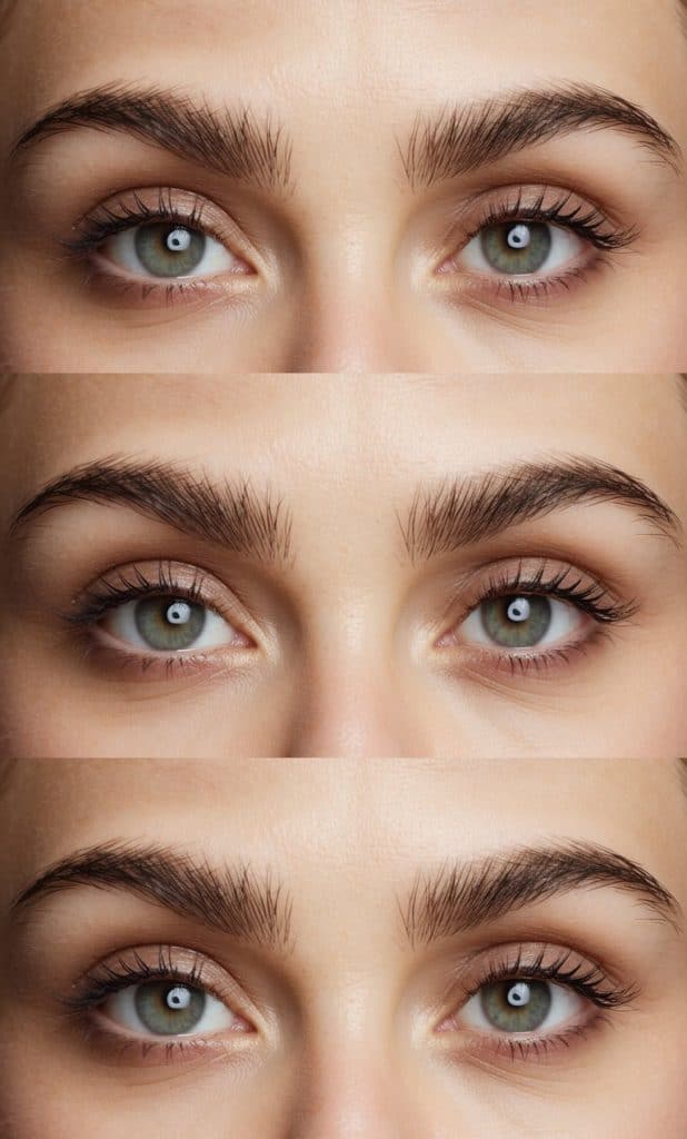 Soft, feathered brows frame eyes with soft neutral eyeshadow