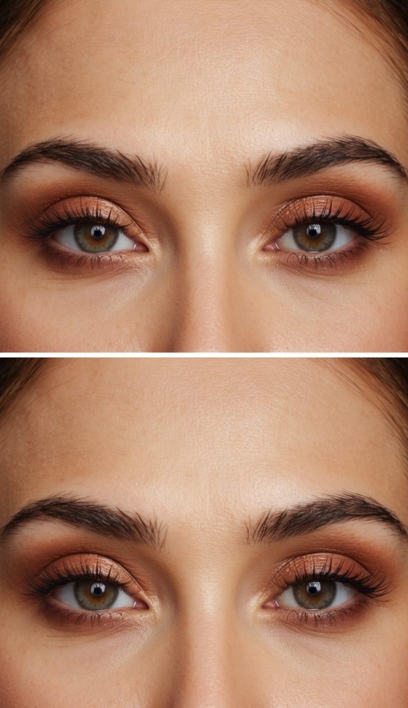 Shimmering copper tones adorn the eyelids, complemented by a soft brown base in the crease for natural definition