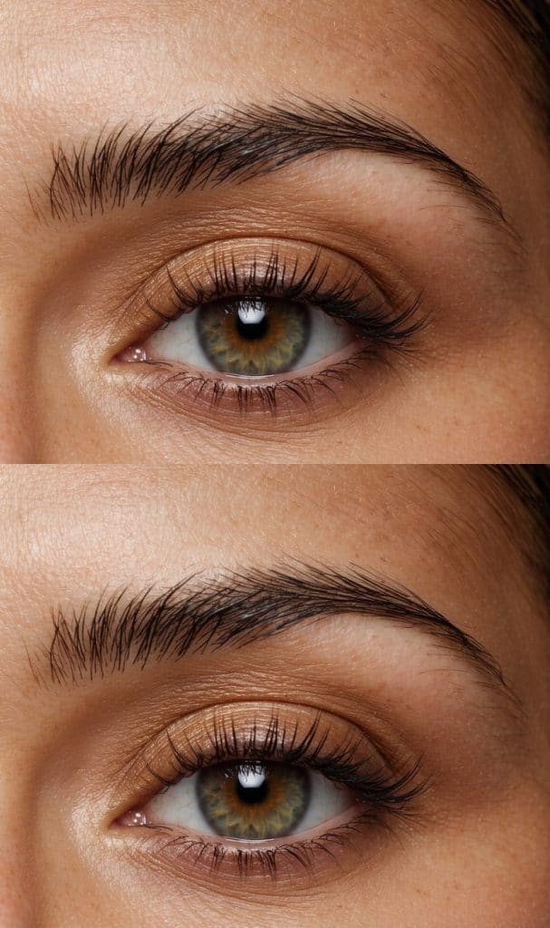 A close-up of a natural eye with soft amber eyeshadow
