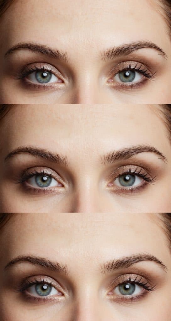 A close-up of eyes with soft taupe shades blended into the crease, creating a natural and effortless makeup look