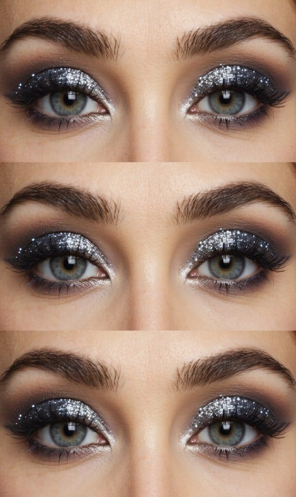 A close-up of a shimmering gray eyeshadow palette with glitter accents and bold colors