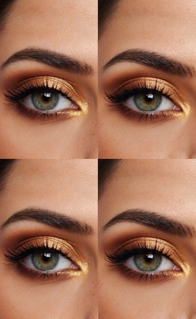 A blend of gold and warm bronze eyeshadow creating a luminous daytime look