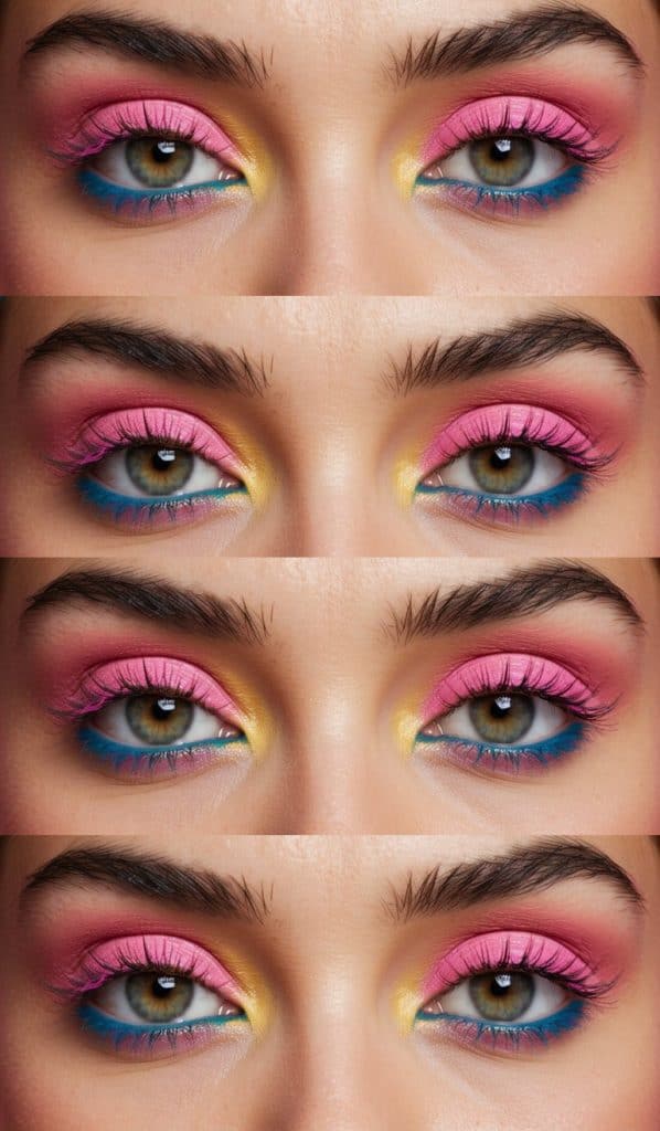 Soft pink with sunny yellow highlights on the eyelids and bold blue accents along the lower lash line