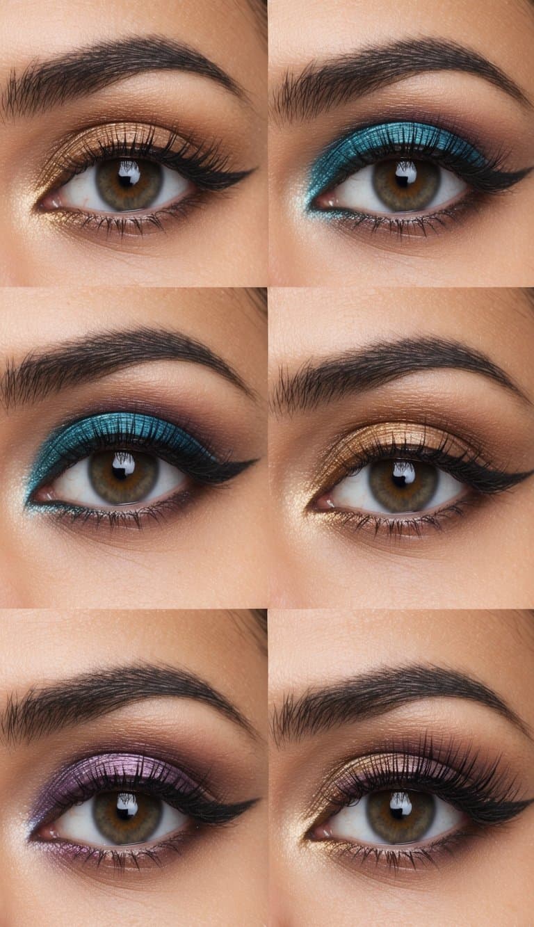 A close-up of brown eyes with various eye makeup looks, showcasing different colors, styles, and techniques to enhance their natural beauty