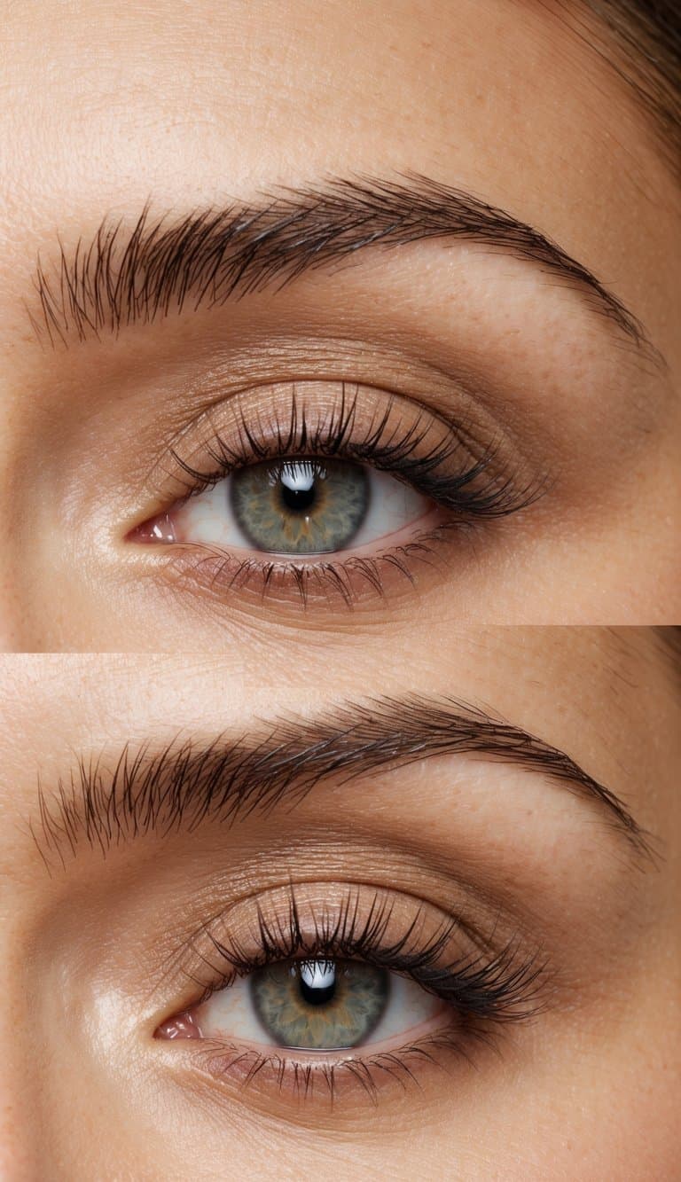 A close-up of a serene eye with soft, earthy tones and subtle shimmer, framed by natural lashes and brows