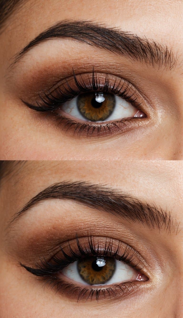 A close-up of an eye with earthy brown tones and soft, natural makeup