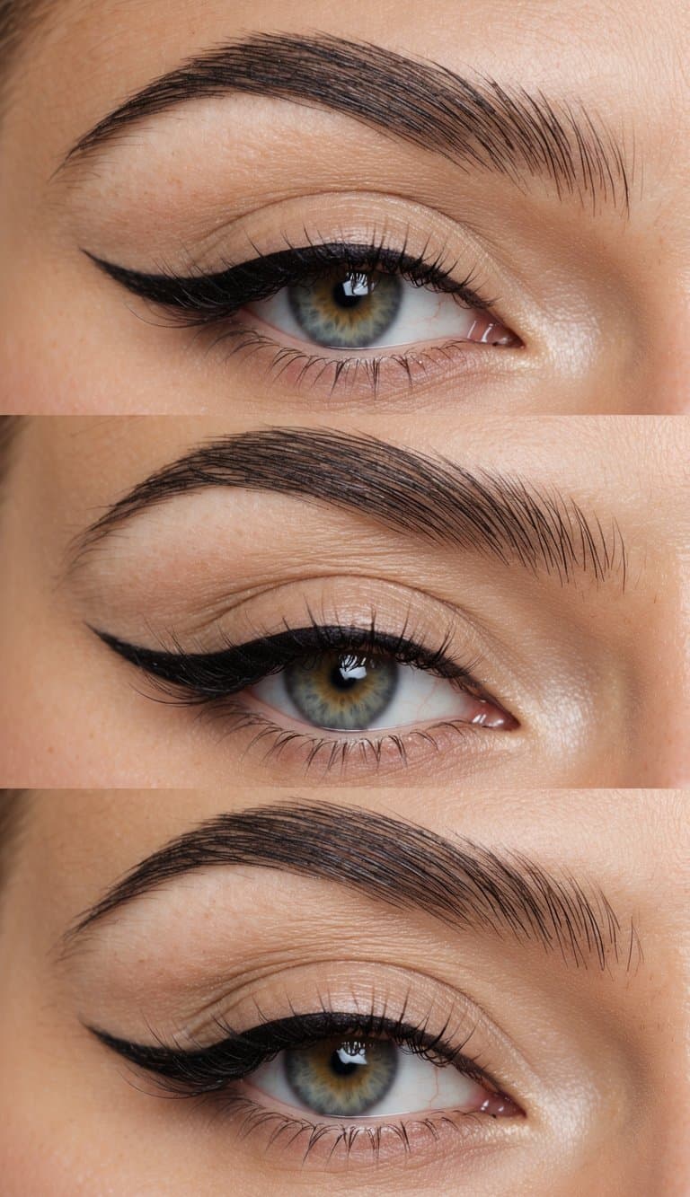 A close-up of a subtle, winged eyeliner look with soft, natural eye makeup