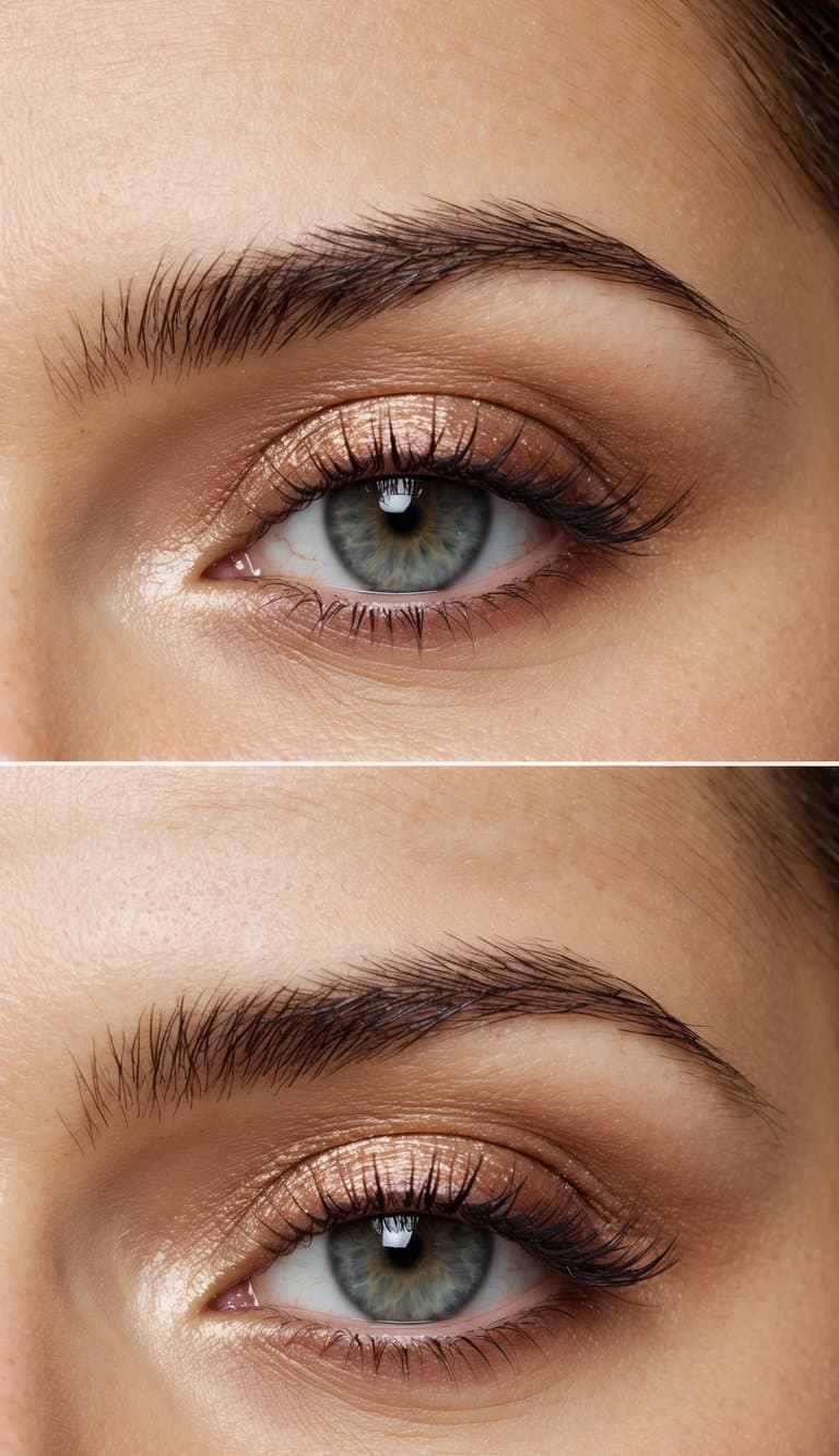 A close-up of an eye with a soft rose gold shimmer eyeshadow, with a natural and effortless makeup look