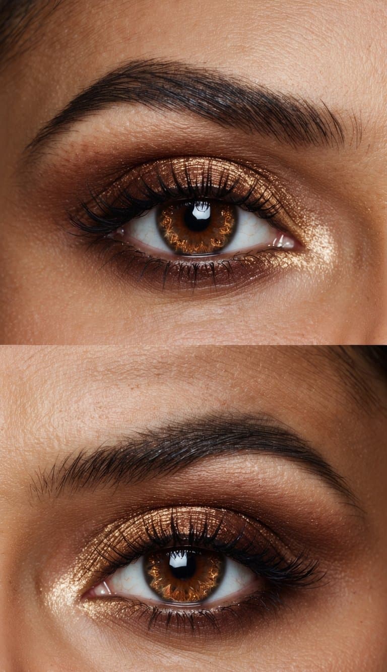 A close-up of a brown eye with copper eyeshadow and shimmering highlights