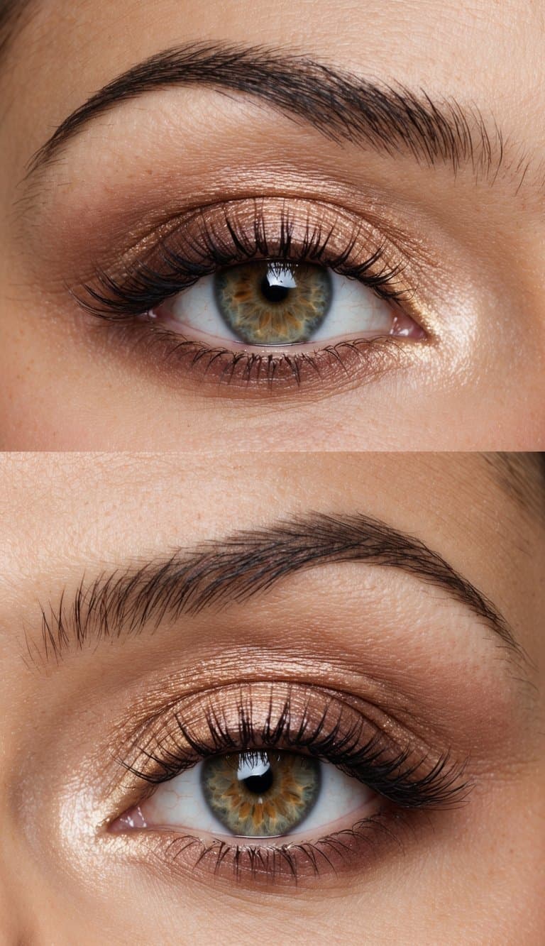 A close-up of hazel eyes with a rose gold halo eye makeup look, with soft lighting to enhance the colors