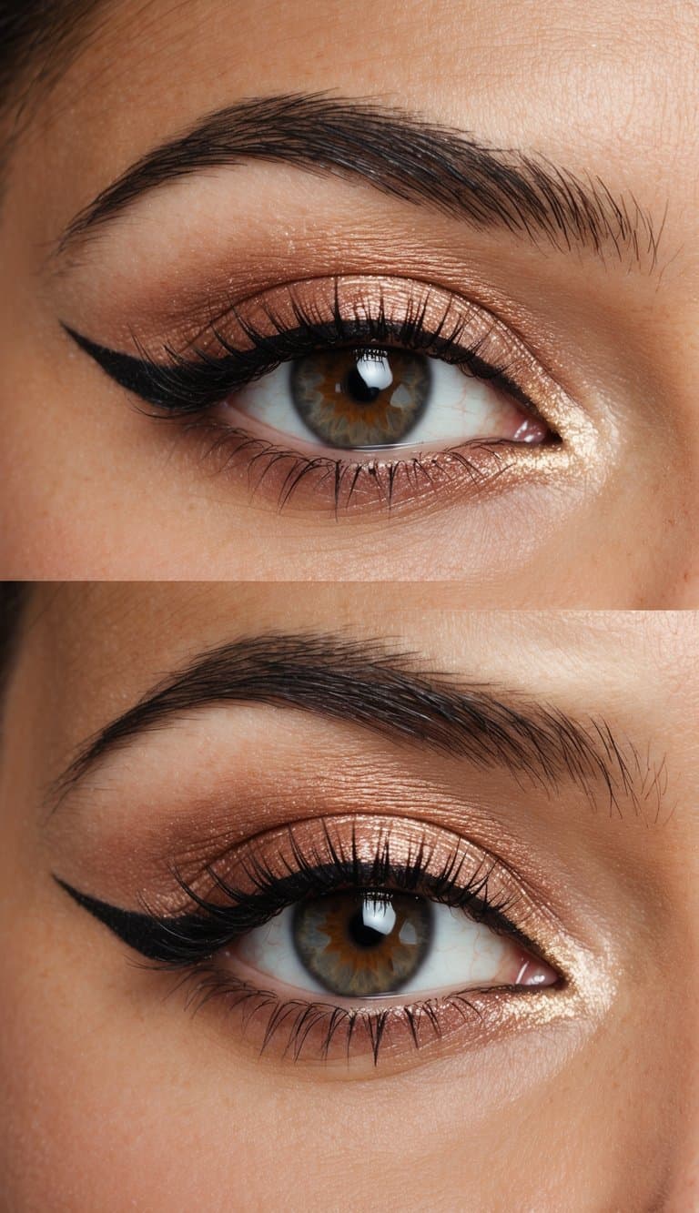 A close-up of a brown-eyed person with rose gold eye makeup, featuring shimmering eyeshadow and defined eyeliner