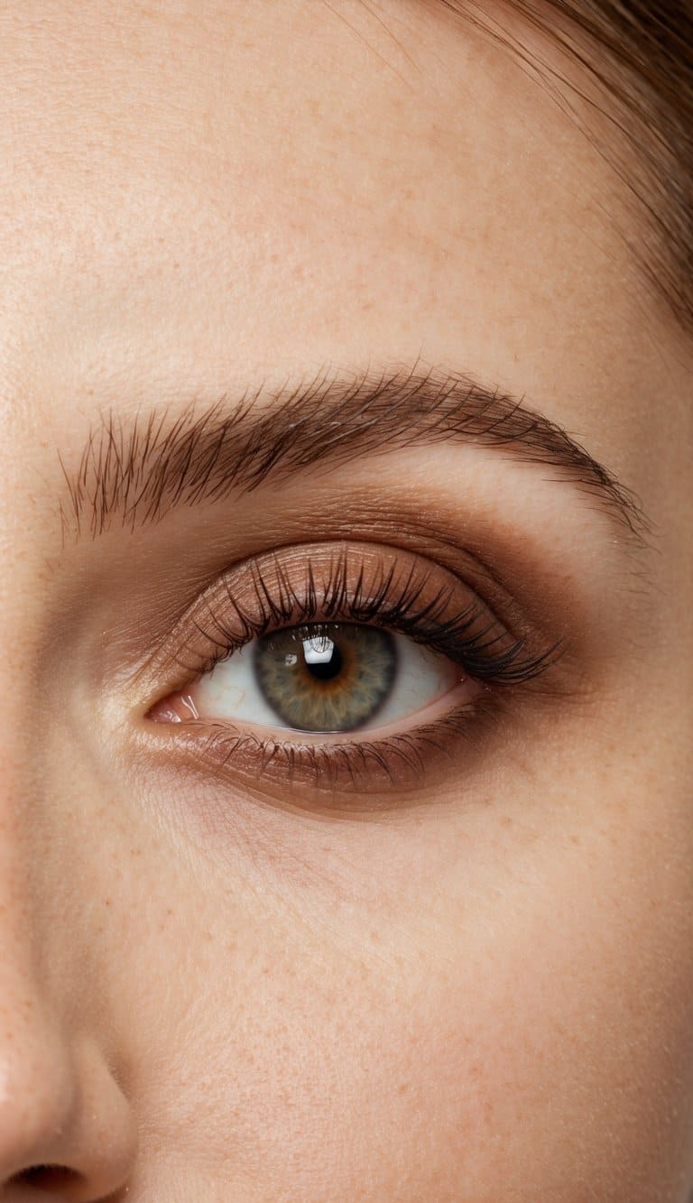 A close-up of a gentle brown smudge on the eyelid, surrounded by soft neutral tones and natural textures