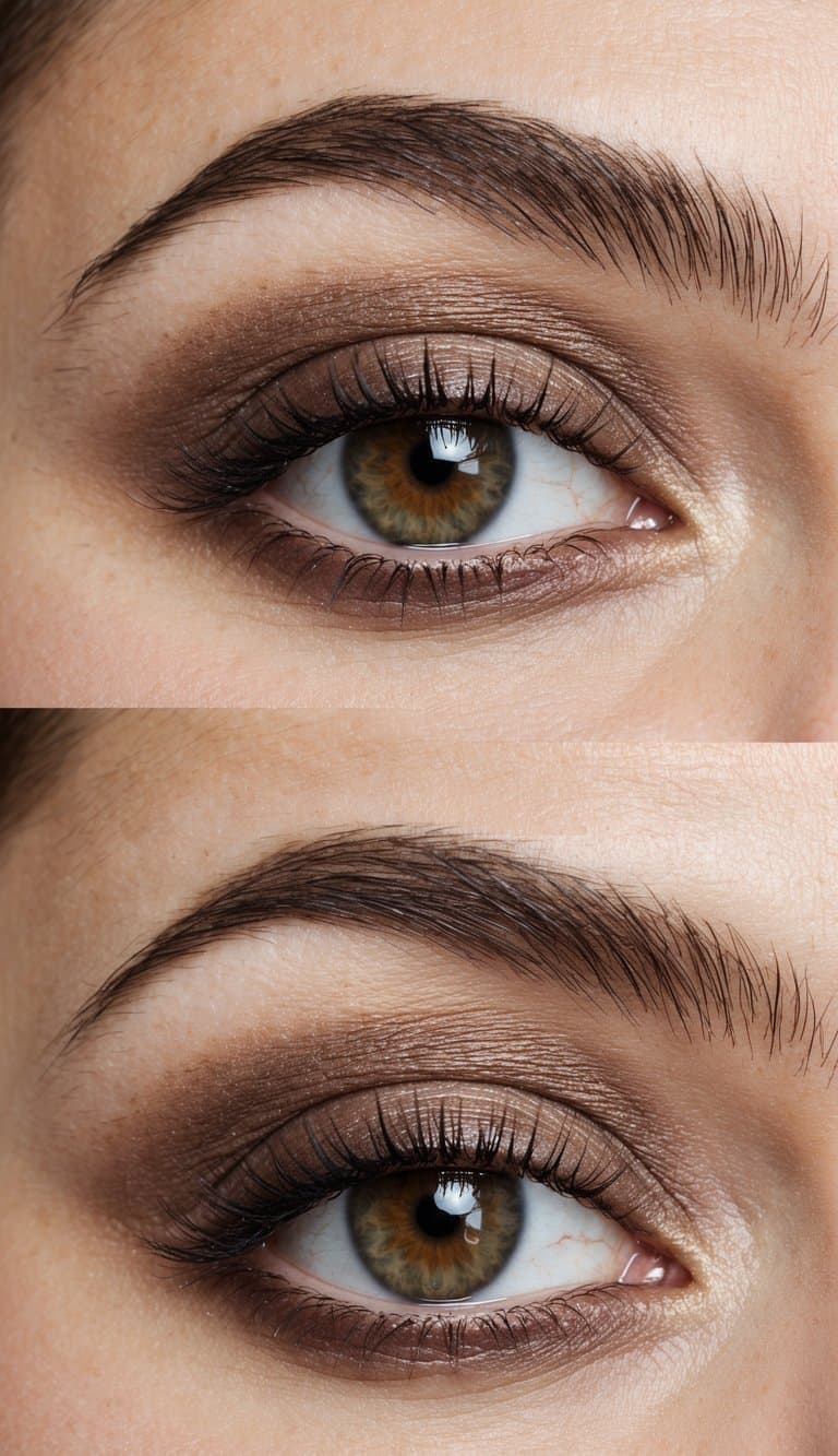 A close-up of hazel eyes with a taupe smokey eye makeup look, with soft and blended eyeshadows in shades of taupe and brown