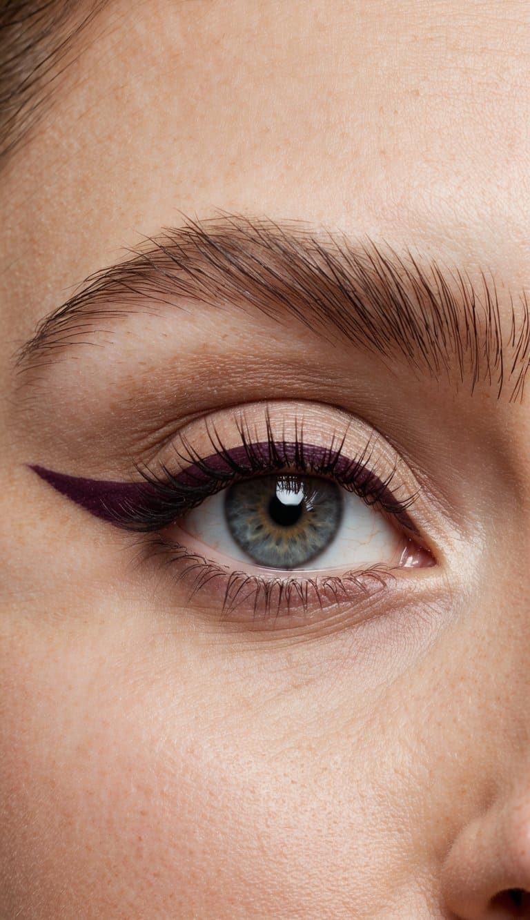 A close-up of an eye with a touch of plum eyeliner, surrounded by soft neutral eyeshadow