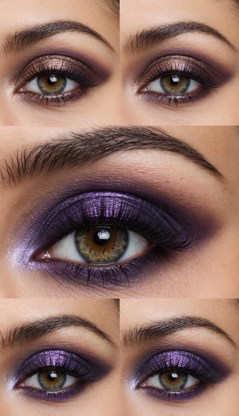 A close-up of hazel eyes with amethyst shimmer shadow makeup, featuring intricate details and captivating colors