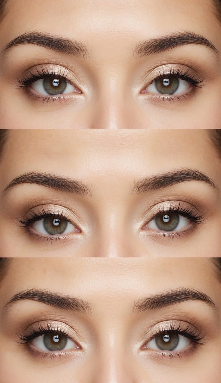 Soft, natural eye makeup with dewy finish. Subtle shimmer on lids, defined lashes, and a hint of color
