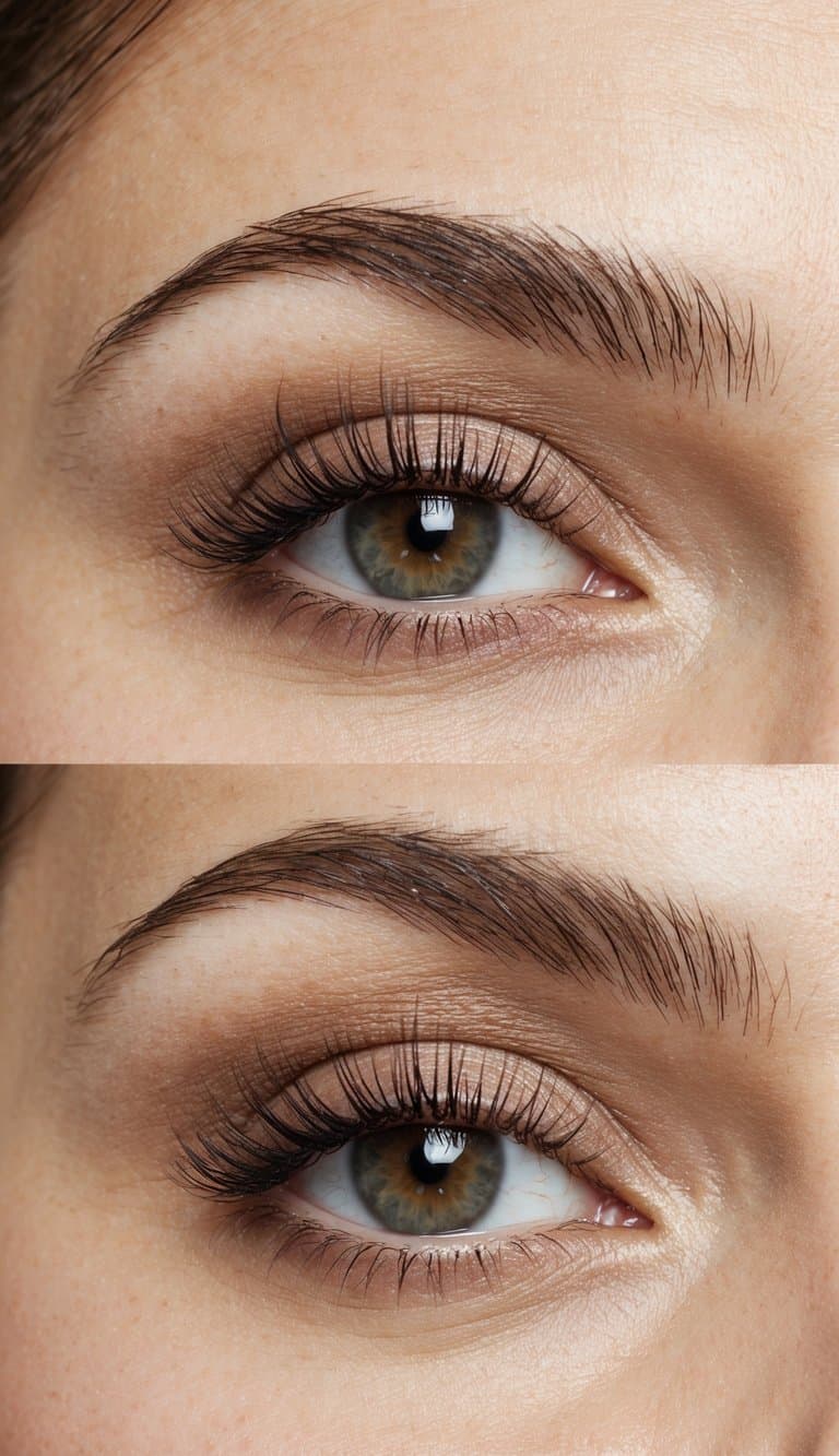 Soft, natural eye makeup with brown tinted mascara on long lashes. Subtle eyeshadow and defined brows complete the effortless look