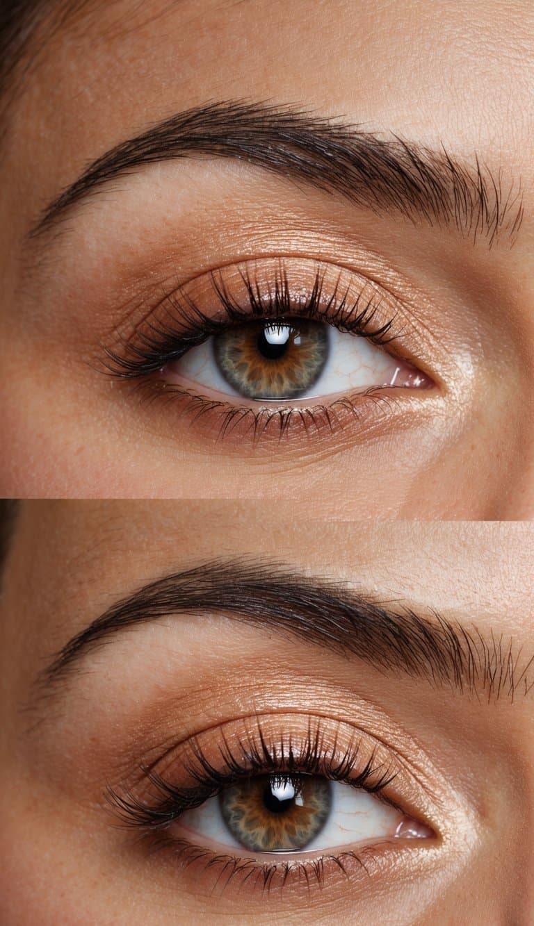 A close-up of a brown eye with peachy eyeshadow and shimmering highlighter