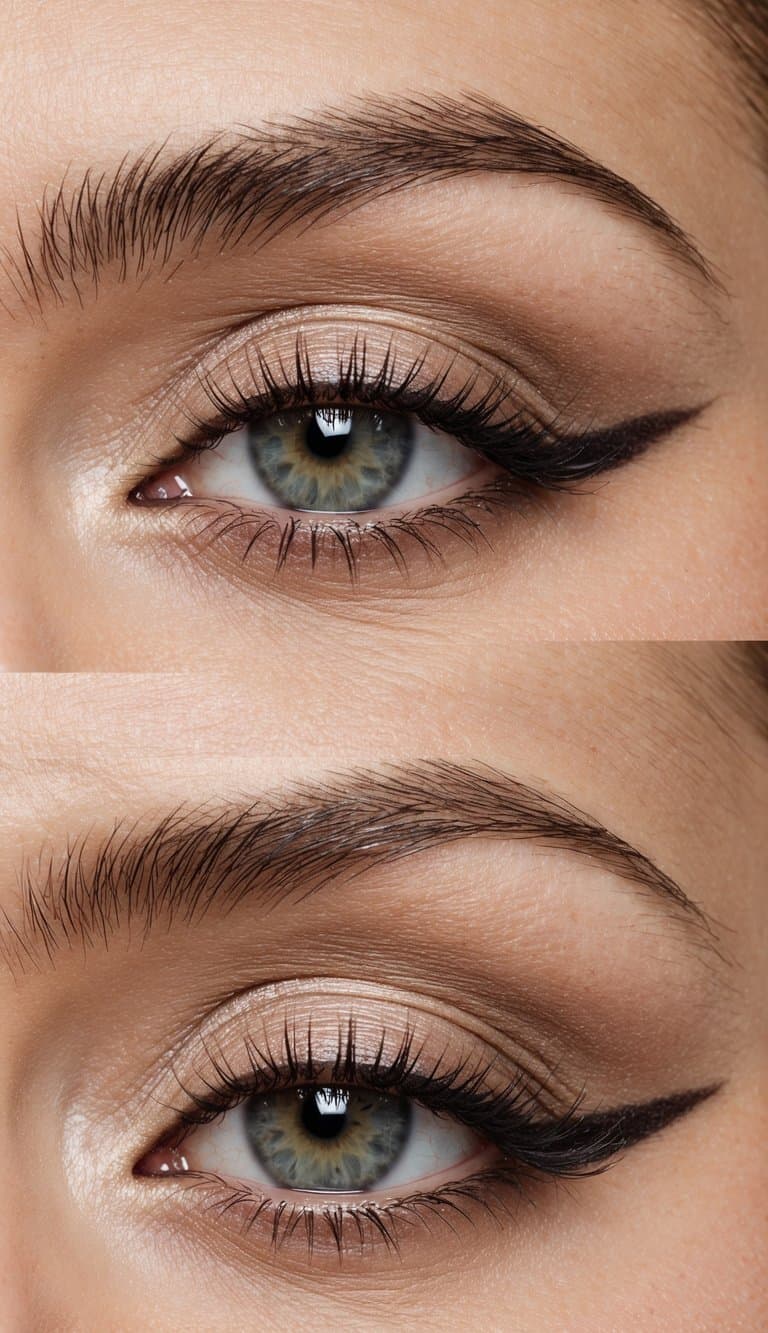 A close-up of a subtle cat eye makeup look with neutral tones and soft blending