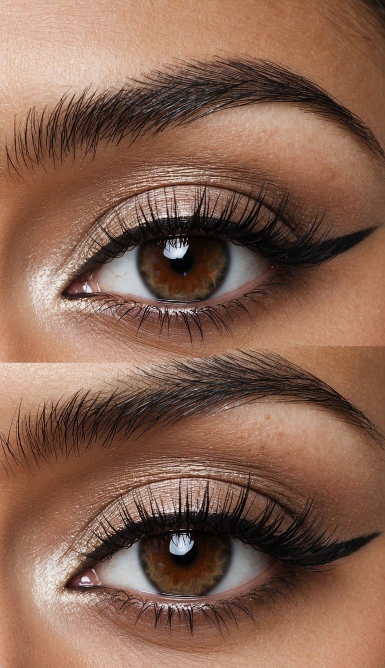 A close-up of brown eyes with shimmering eyeshadow and eyeliner, framed by long lashes