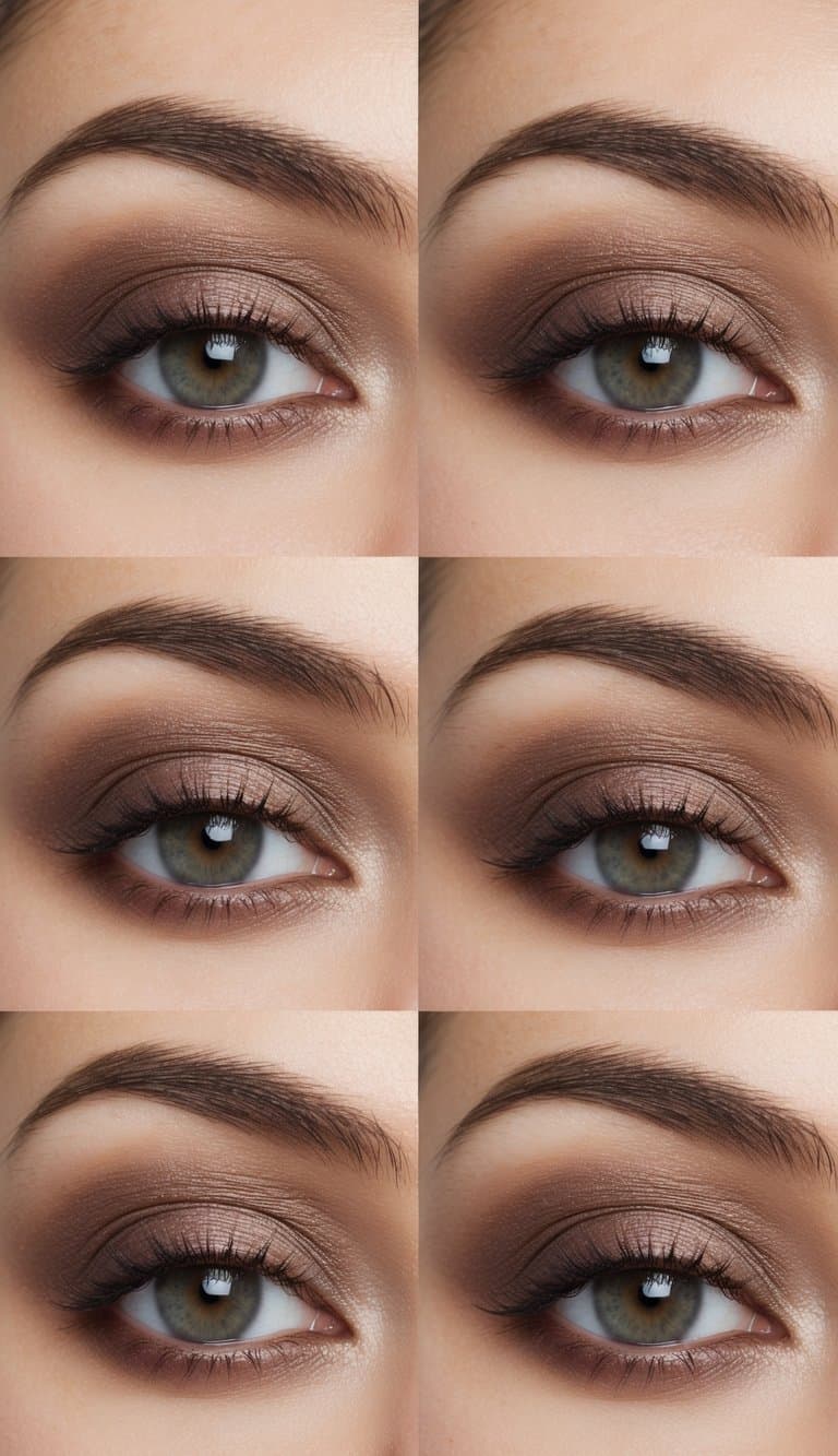 A close-up of a brown eye with muted mushroom-colored eyeshadow and subtle highlighting, creating a soft and natural look