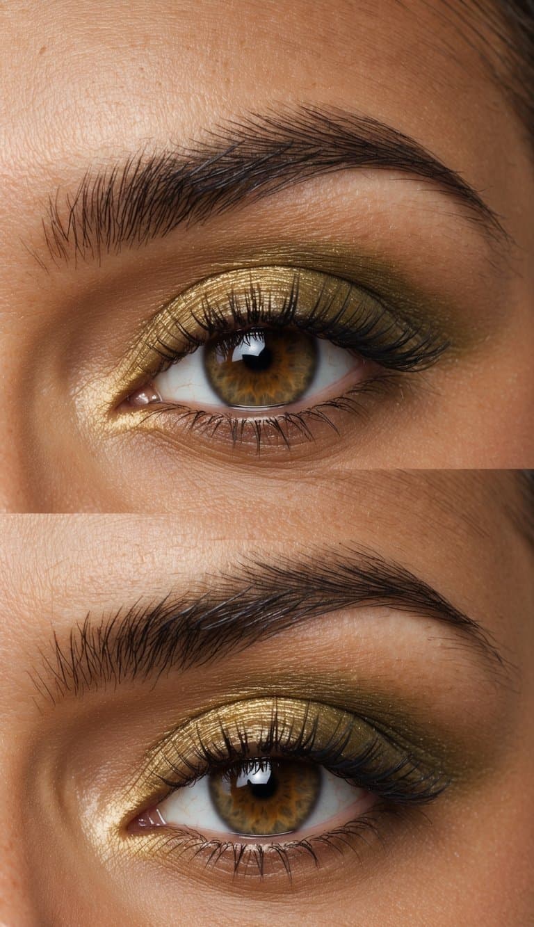 A close-up of a brown eye with golden and olive ombre eyeshadow, with emphasis on the blending and color gradient