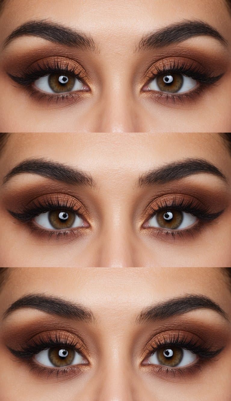 A close-up of a pair of brown eyes with burnt umber eye makeup, showcasing different styles and techniques