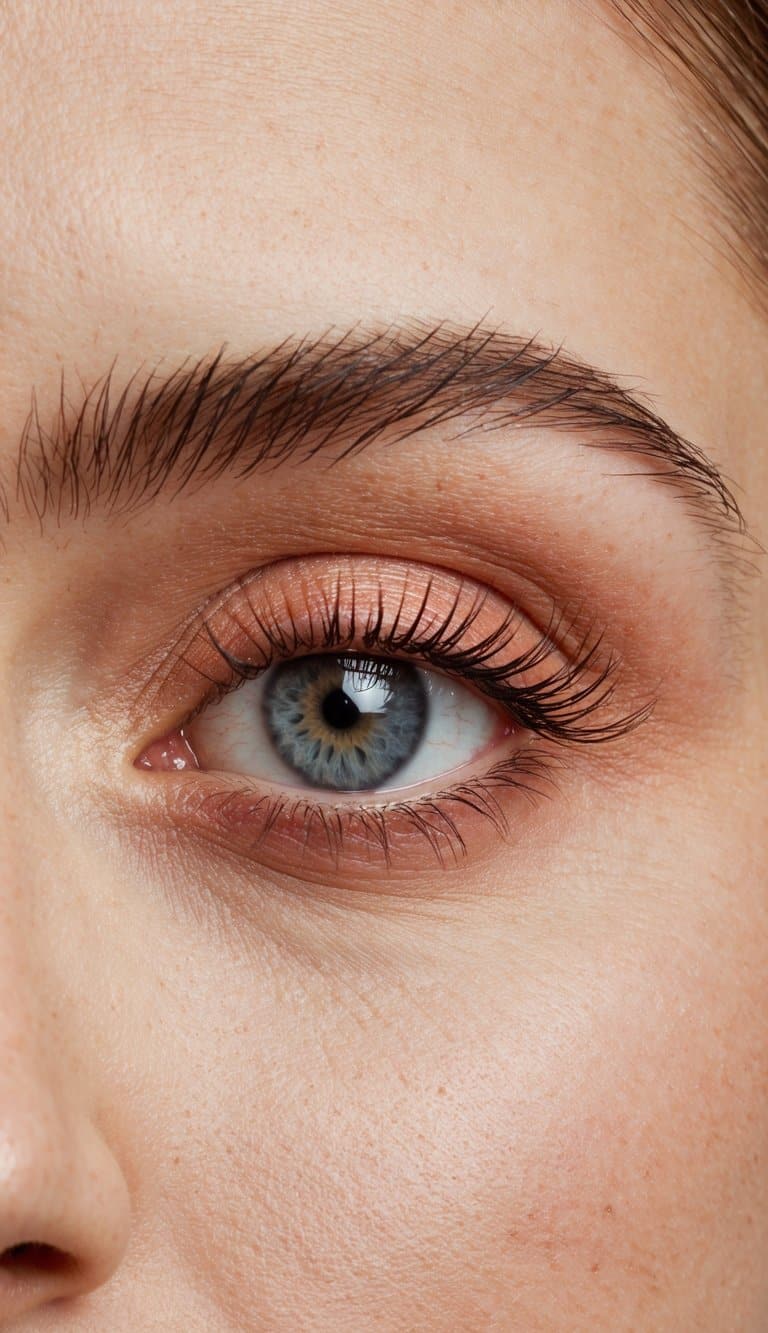 A close-up of an eye with soft, coral-tinted makeup, featuring delicate and natural-looking eyeshadow and mascara