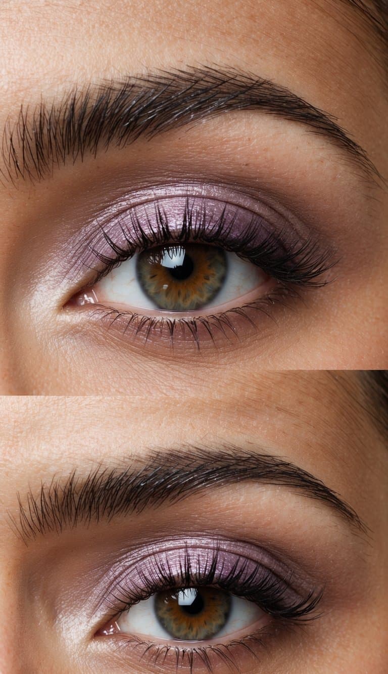 A close-up of brown eyes with lilac eyeshadow and subtle shimmer, framed by long lashes and defined brows