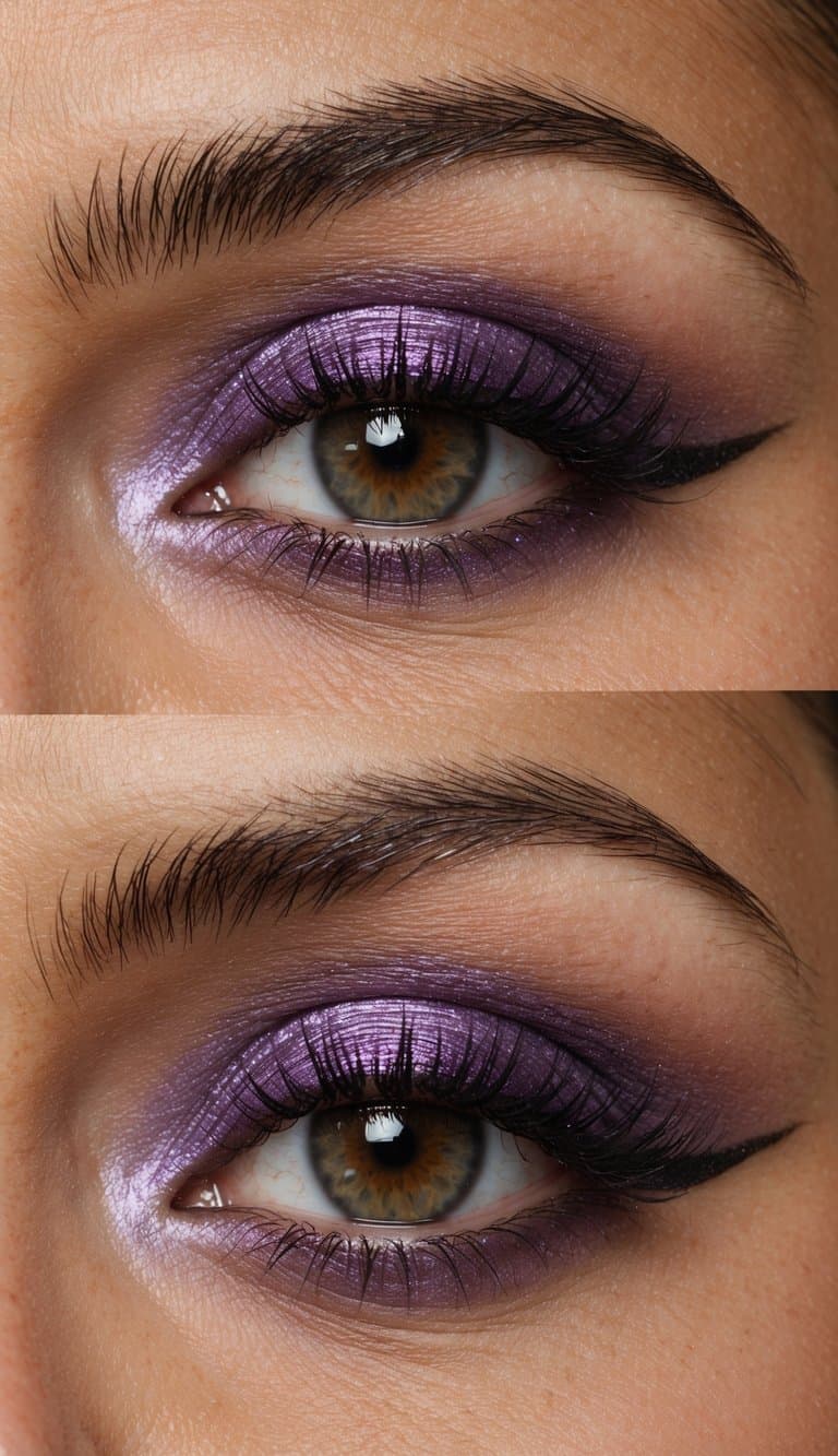 A close-up of a brown-eyed individual's eyelids adorned with vintage violet eyeshadow, accented with shimmering highlights
