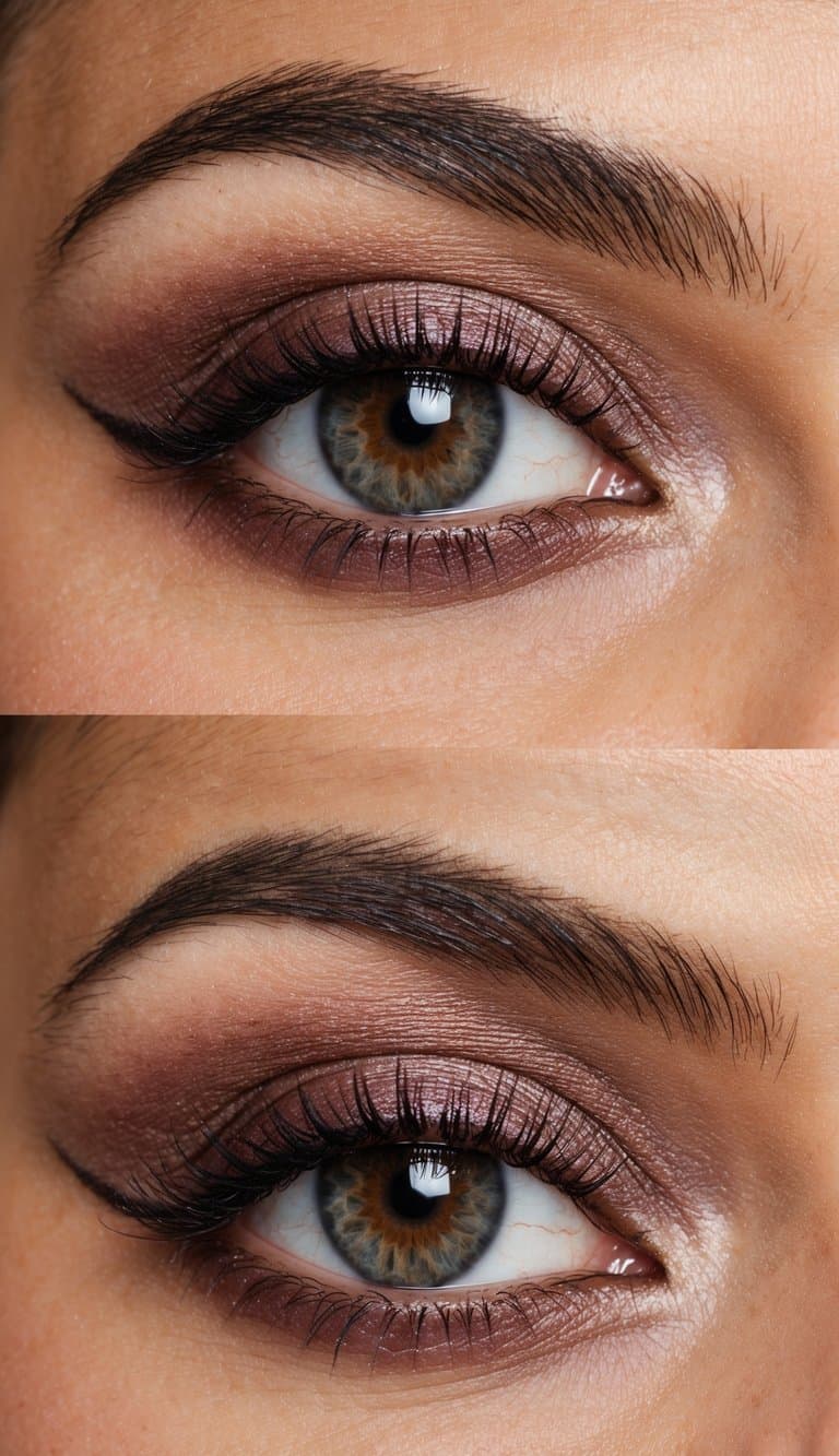 A close-up of a brown eye with magnetic mauve eye makeup, showing off the vibrant color and intricate details