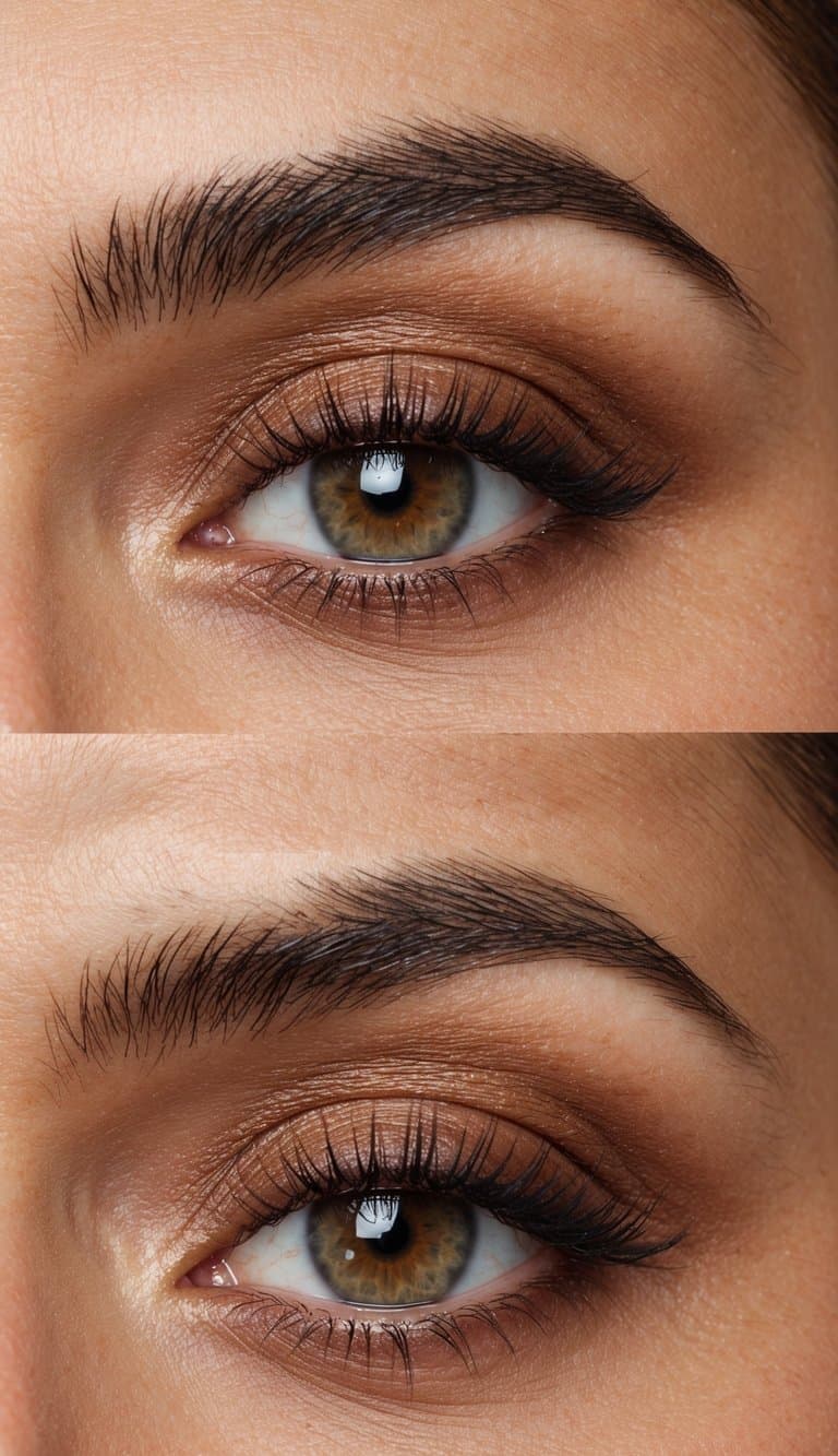 A close-up of hazelnut eye makeup on brown eyes, with warm tones and subtle shimmer, creating a soft and natural look