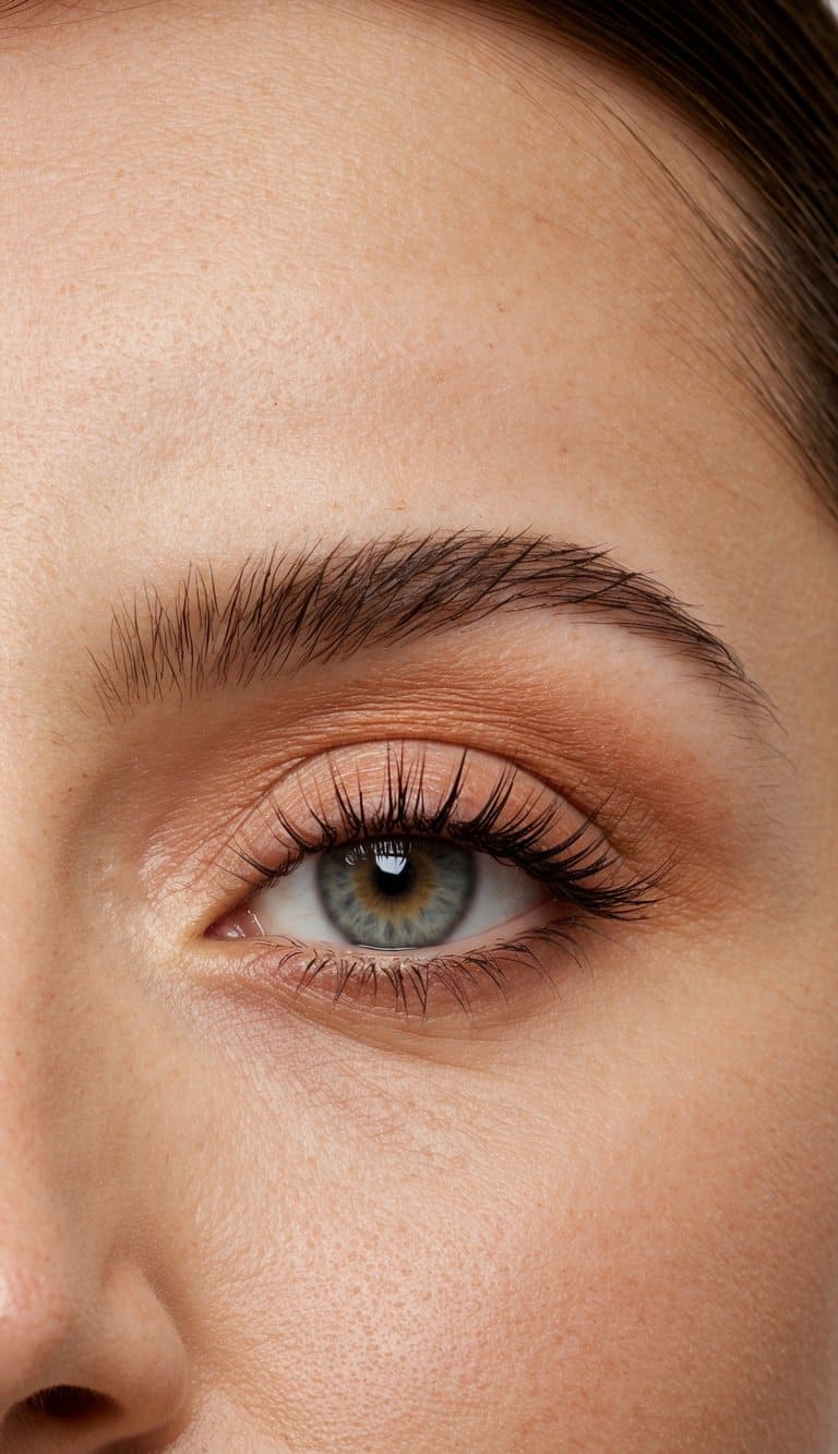 A close-up of a peach eyeshadow palette with a soft, natural eye makeup look
