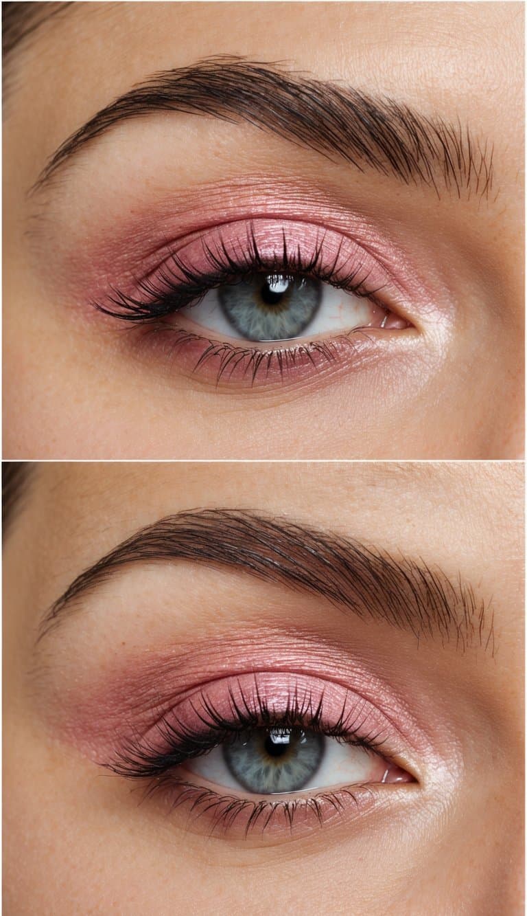 Soft pink eyeshadow palette with delicate brush strokes on a neutral background