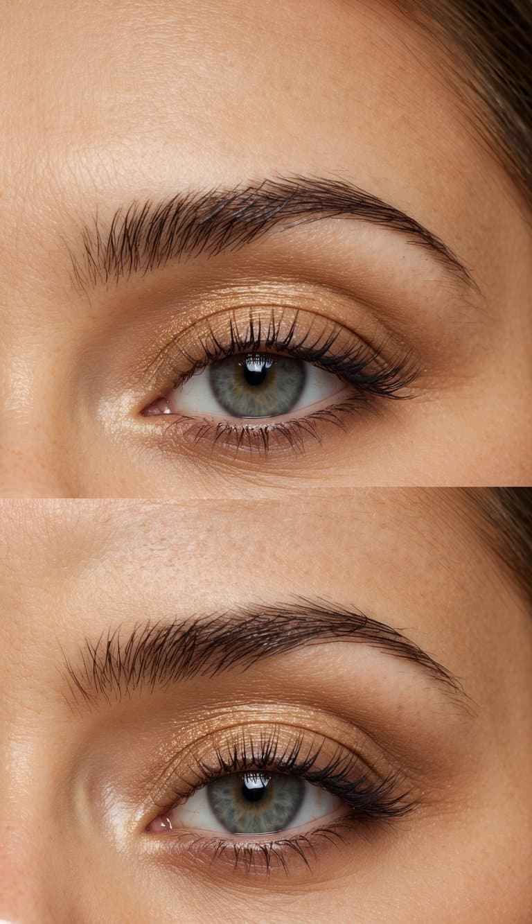 Soft, natural eye makeup palette with a honey highlight. Subtle, earthy tones and a dewy finish