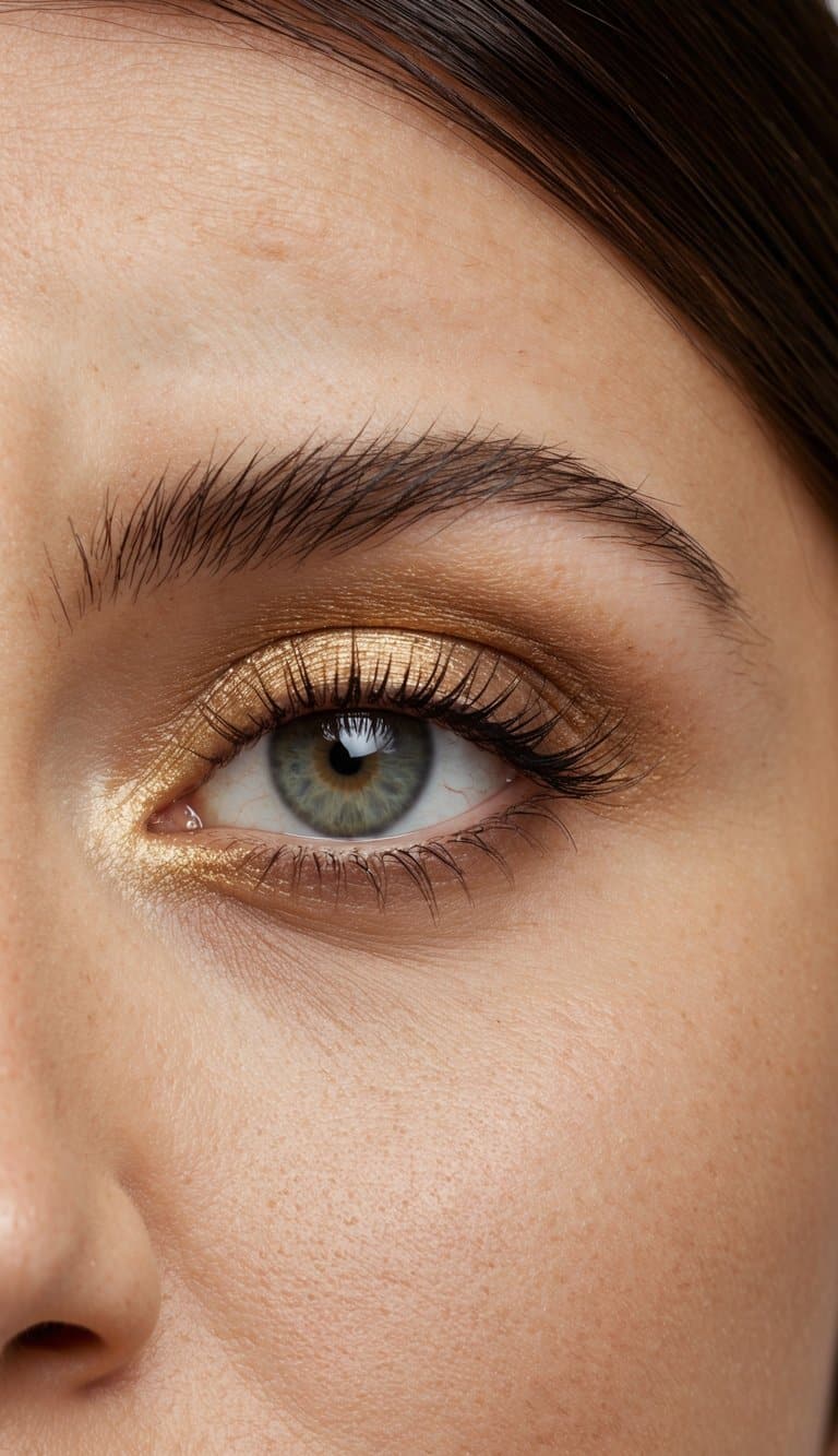 A close-up of a single eye with a soft, muted gold eyeshadow and natural, effortless makeup look