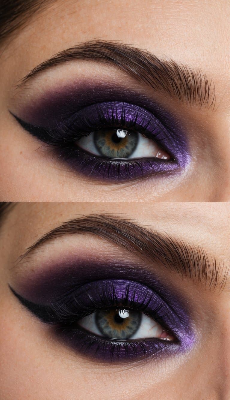 A close-up of a purple smoky eye makeup look with dark shadows, showcasing the dramatic and bold colors