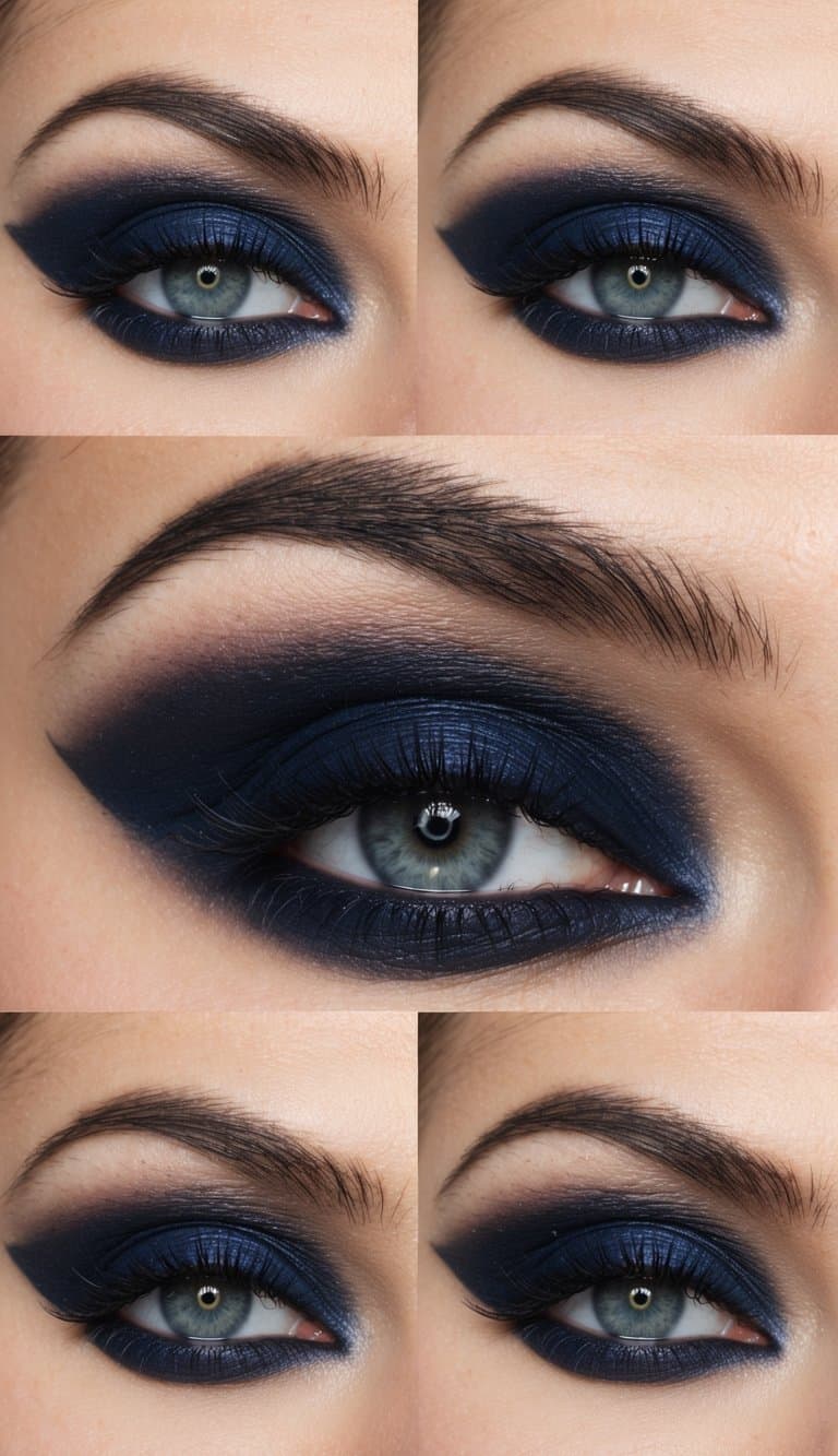 A close-up of a navy blue smoky eye makeup look with dark shadows and dramatic blending