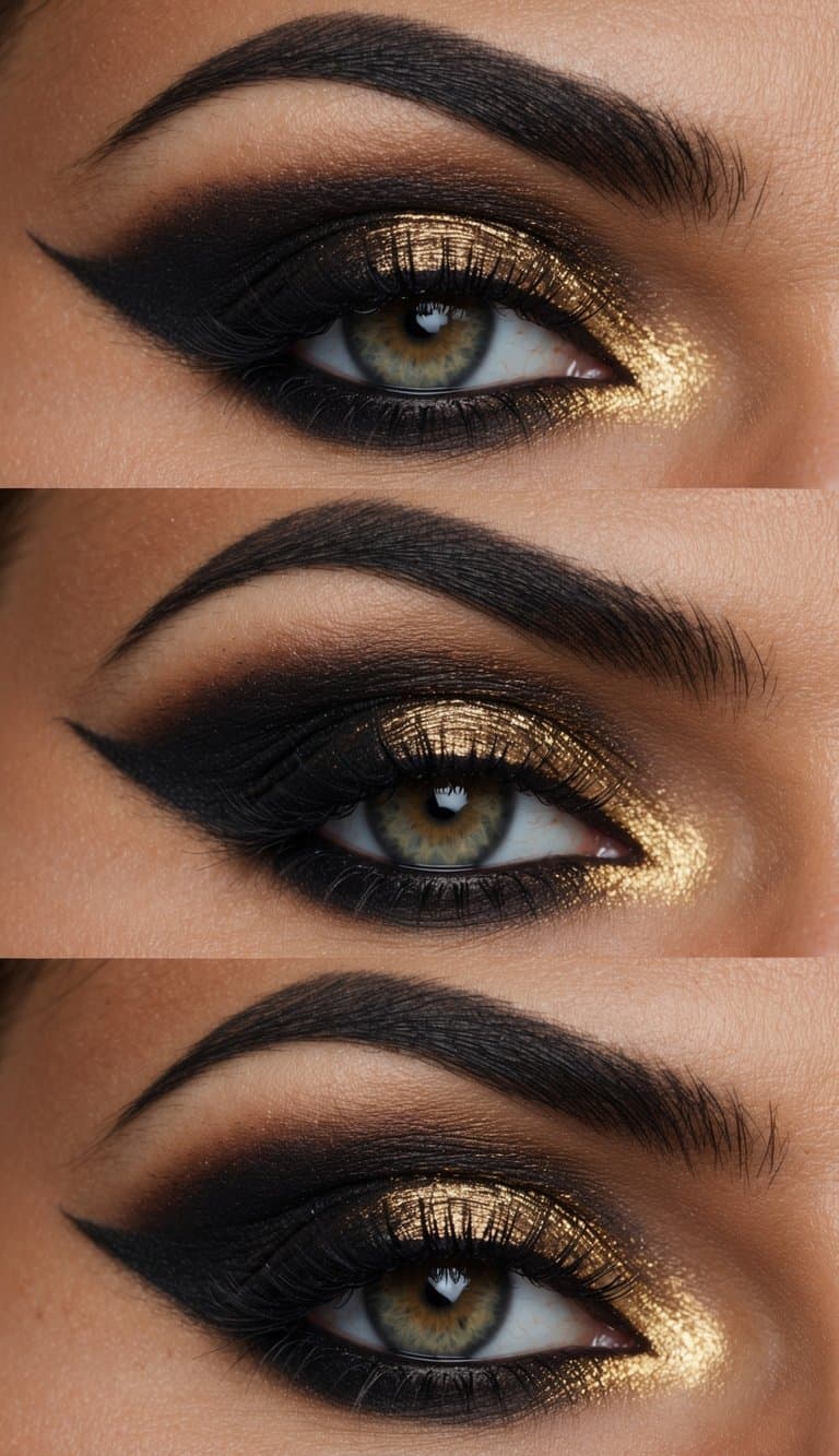 A close-up of a gold-tinted smoky eye with dark shadows, creating a dramatic and intense makeup look