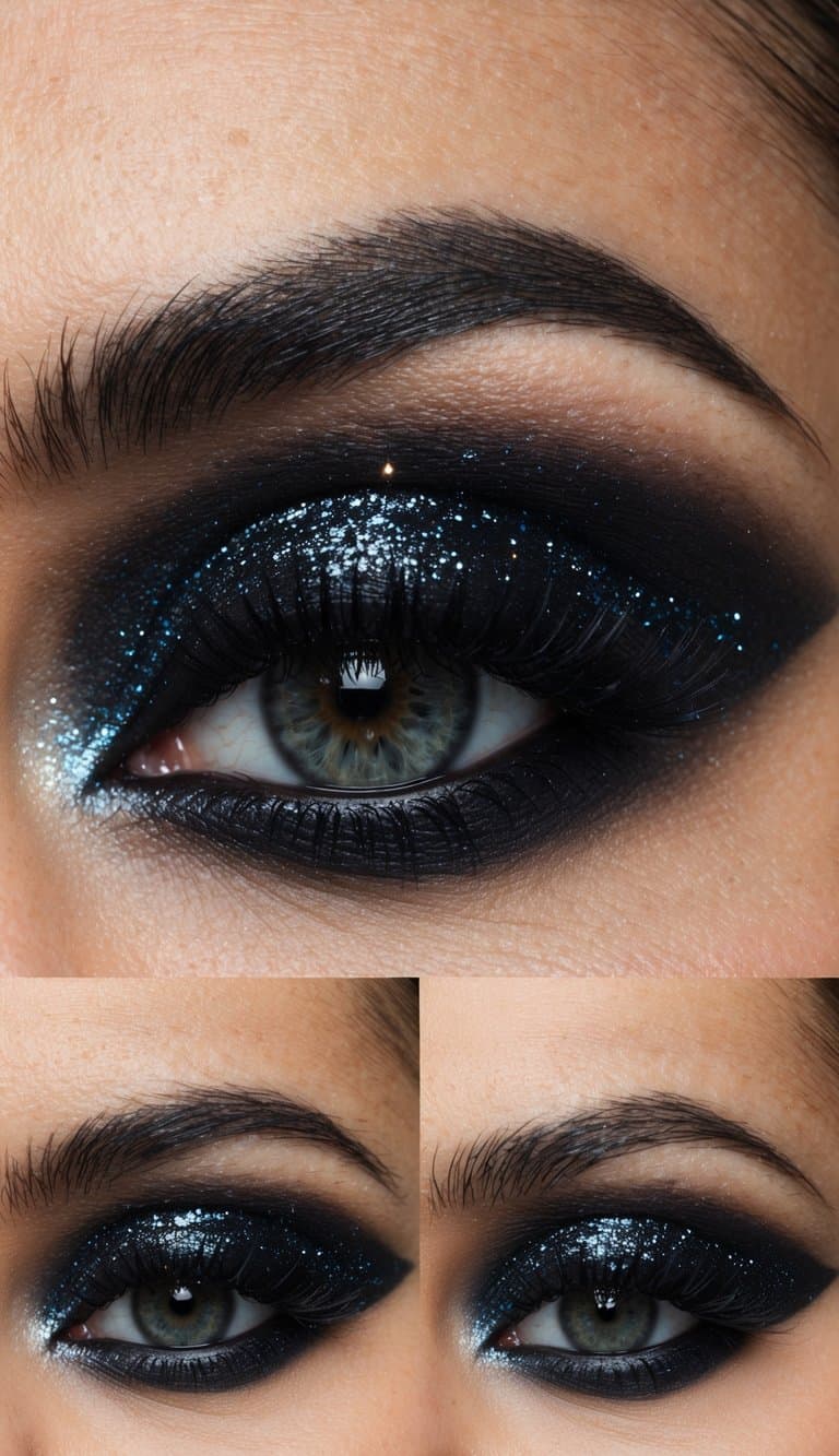 A close-up of a dramatic smoky eye makeup look with dark shadows and glitter, creating a bold and glamorous effect