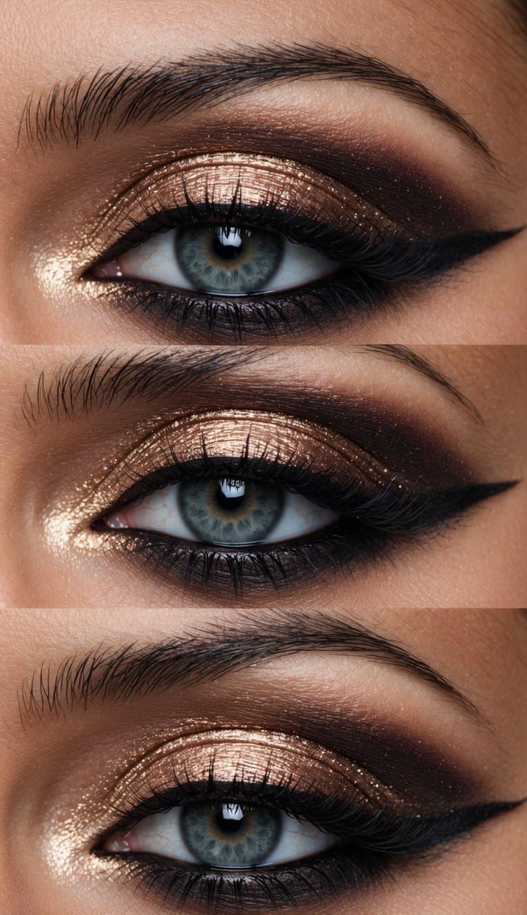 A close-up of a dramatic rose gold smoky eye makeup look with dark shadows and shimmering highlights
