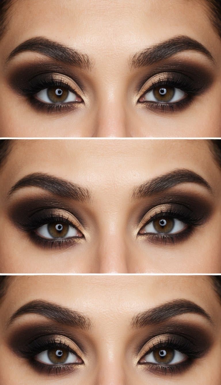 A close-up of a brown and beige smoky eye makeup look with dark shadows and dramatic blending