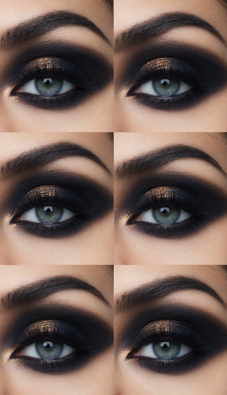 A close-up of a dramatic smoky eye makeup look with dark shadows and rustic tones, creating a bold and intense aesthetic