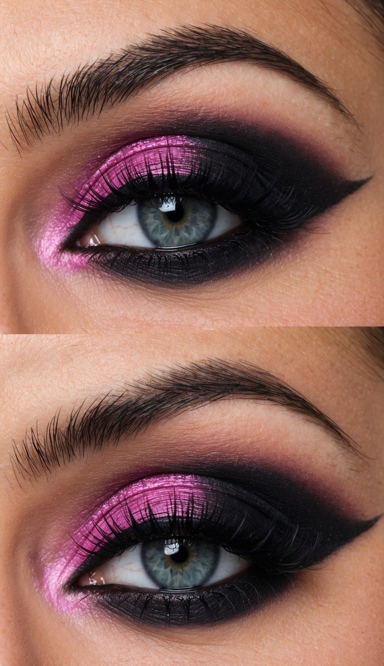 A close-up of a pink smoky eye makeup look with dark shadows, showcasing dramatic and bold eye makeup