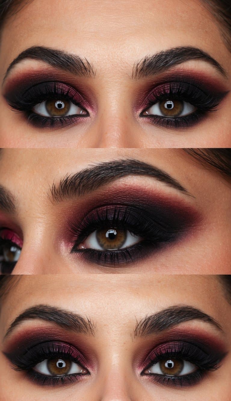 A close-up of a red smoky eye makeup look with dark shadows and dramatic blending