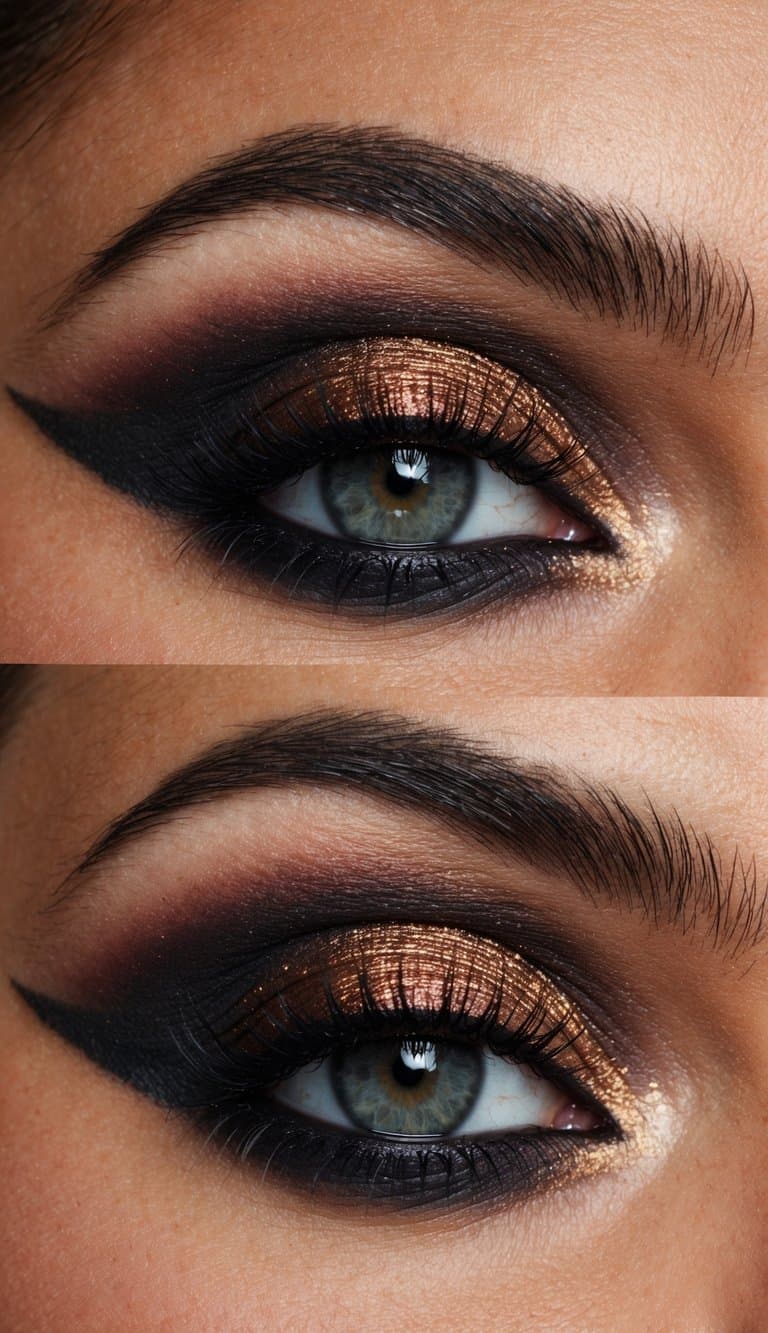 A close-up of a copper smoky eye makeup look with dark shadows and dramatic blending