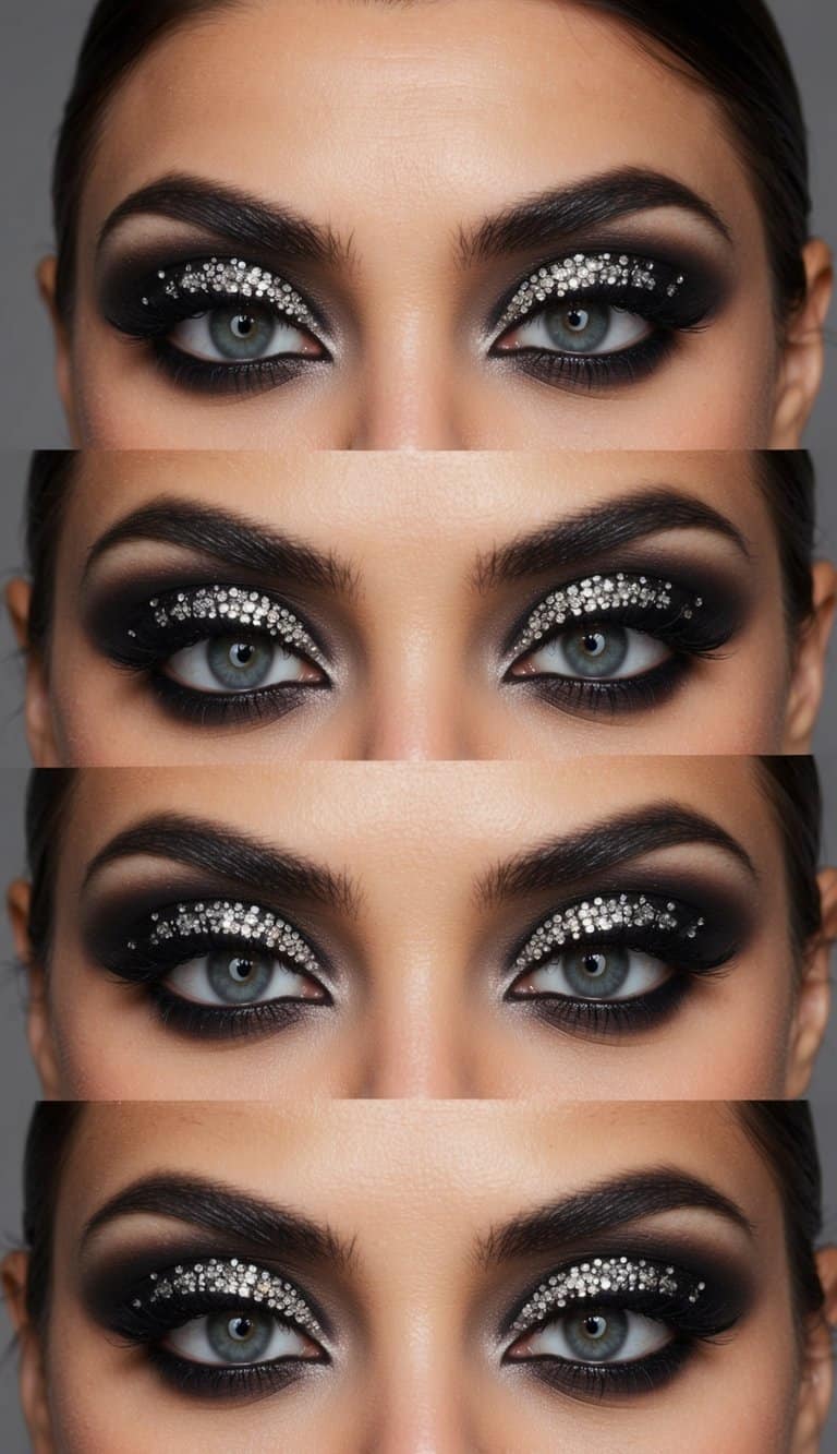 A close-up of a dramatic smoky eye makeup look with dark shadows and rhinestones for added sparkle