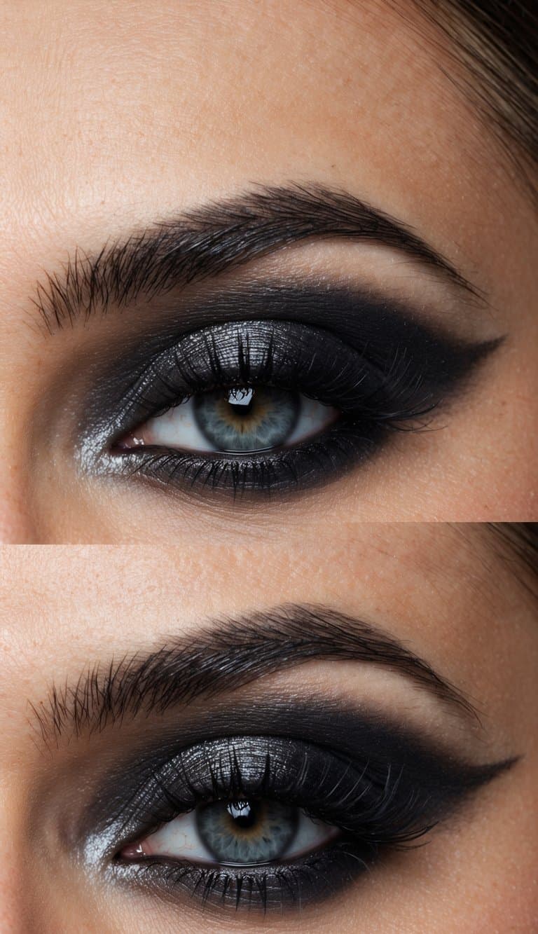 A close-up of a dramatic gunmetal smoky eye makeup look with dark shadows and intense blending