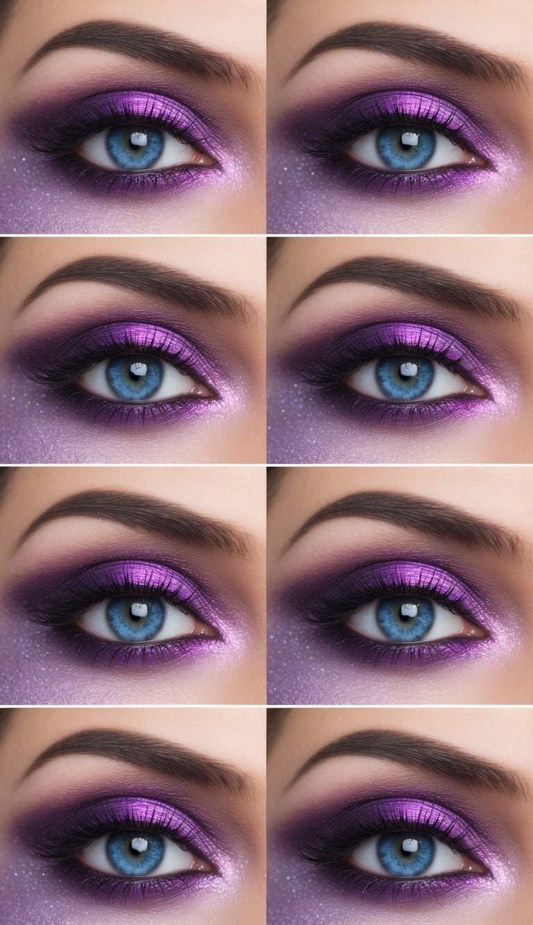 A close-up of a mesmerizing purple eye with intricate makeup, surrounded by various shades of purple eyeshadow and shimmer